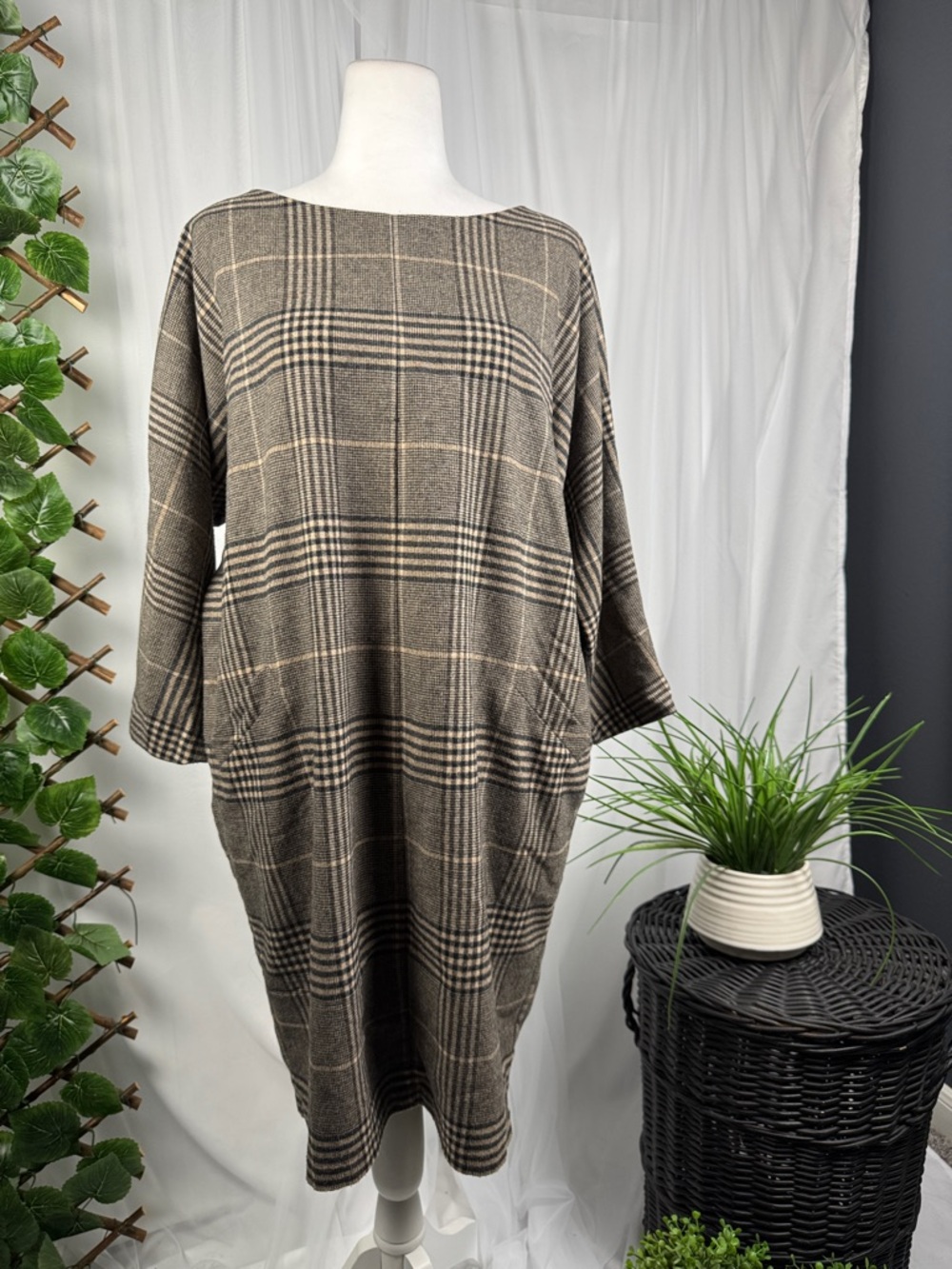 Hatch Pauline Maternity Brown Plaid Midi Shift Dress